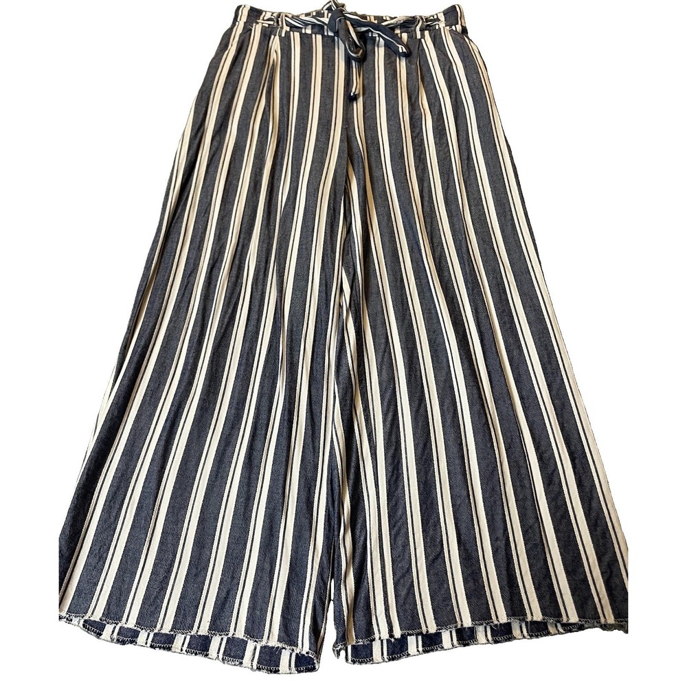 ELAINE ROSE Wide Leg Crop Pants S Blue White Stripes Tie Belt Pull On Nautical